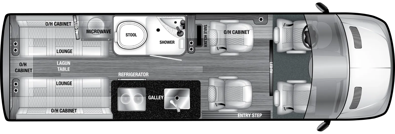 The VRV 4TB floorplan has one entry and zero slide outs. Exterior features include: 8' 2" awning. Interiors features include: captain chairs.